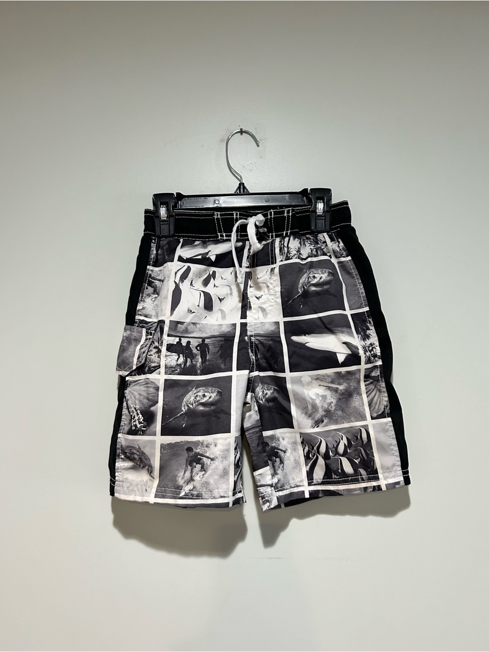 Kids Black & White Grid Photo Swim Trunks